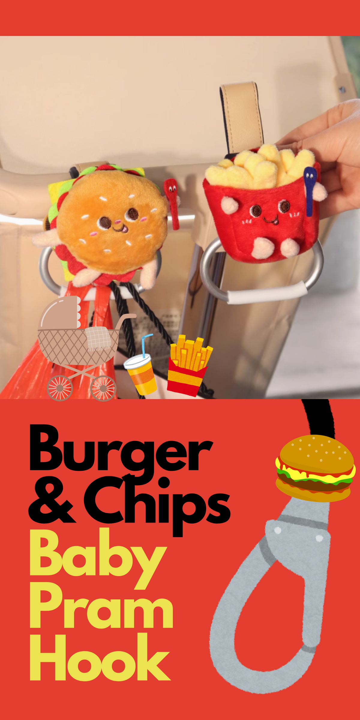 Cute Burger & Chips Baby Pram Hook